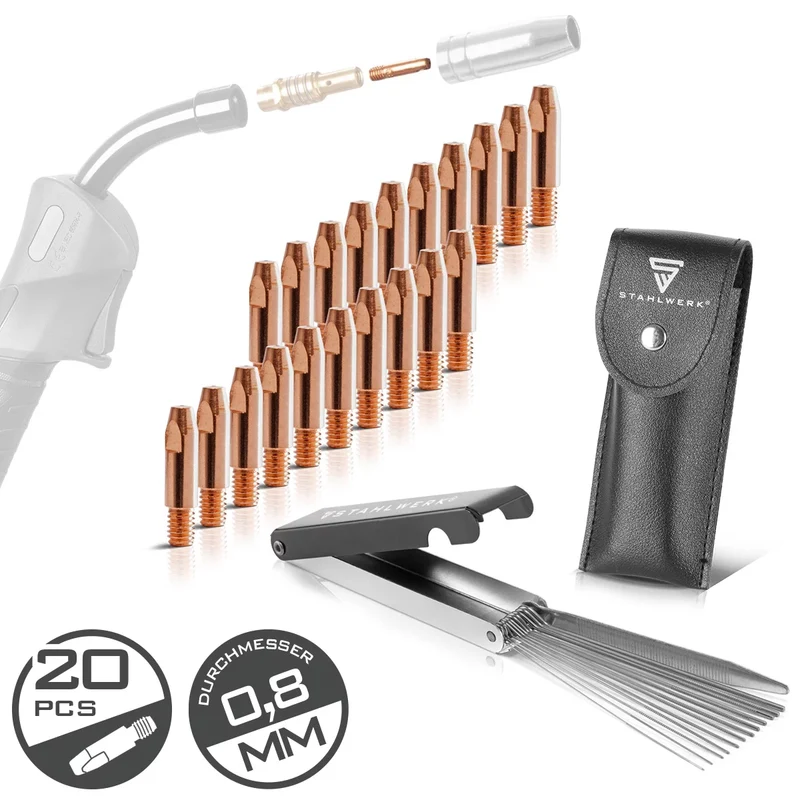 STAHLWERK MIG MAG Stromdüsen-Set | 20er Set Stromdüsen M6x28 0,8 mm |13-in-1 Düsenreiniger im Etui | Zubehör für AK25, MB25, KD24, MB24 | Reinigungs- und Verschleißteile-Set für MIG/MAG-Schweißbrenner