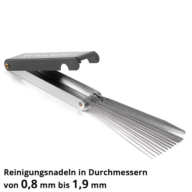 STAHLWERK MIG MAG Stromdüsen-Set | 20er Set Stromdüsen M6x28 0,8 mm |13-in-1 Düsenreiniger im Etui | Zubehör für AK25, MB25, KD24, MB24 | Reinigungs- und Verschleißteile-Set für MIG/MAG-Schweißbrenner