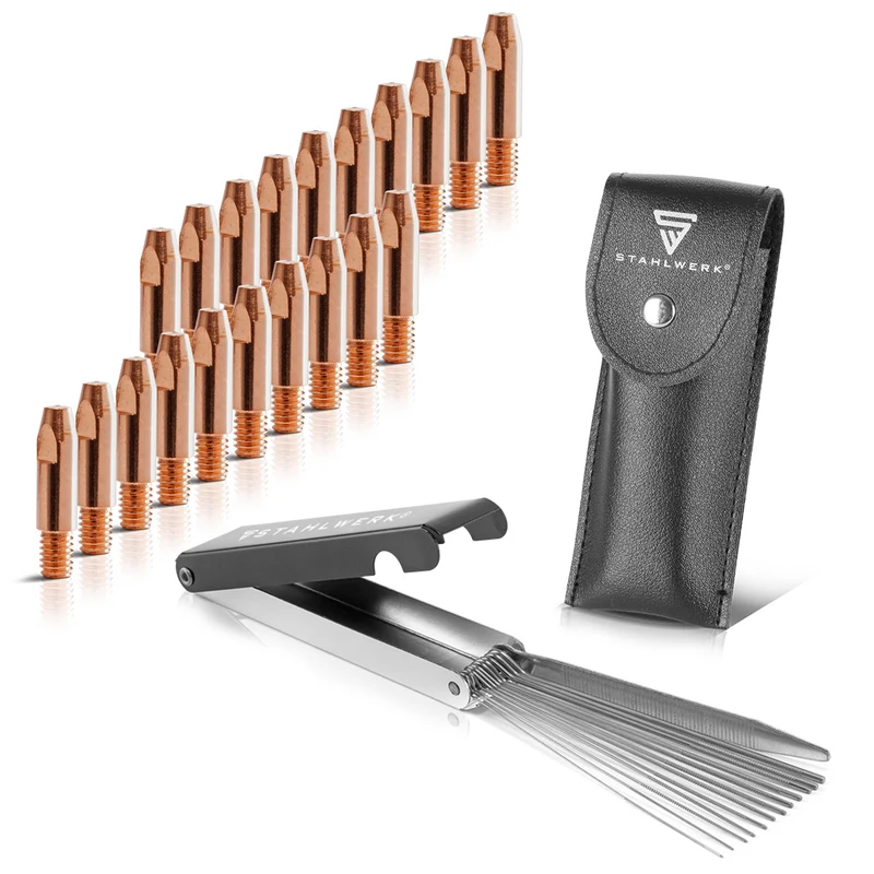STAHLWERK MIG MAG Stromdüsen-Set für Aluminium| 20er Set Stromdüsen M6x28 1,0 mm |13-in-1 Düsenreiniger im Etui | AK25, MB25, KD24, MB24 | Reinigungs- und Verschleißteile-Set MIG/MAG-Schweißbrenner