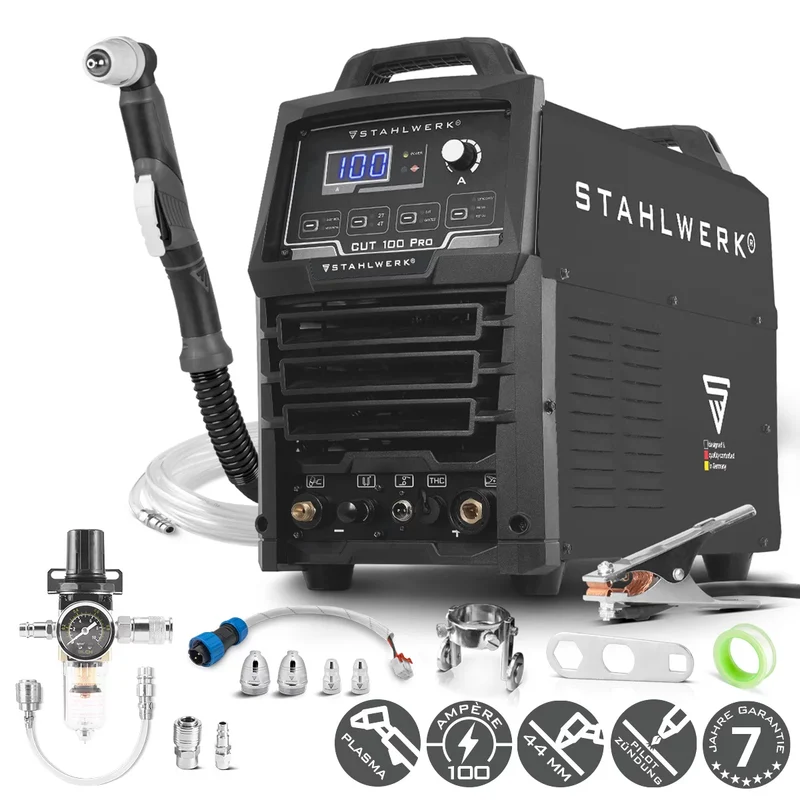 STAHLWERK Plasmaschneider CUT 100 Pro | 100 A Inverter-Plasmaschneider | HF-Pilotzündung | Digitalanzeige | THC-Schnittstelle für CNC | Schneidleistung bis 44 mm | Plasma Cutter mit 2T/4T-Funktion