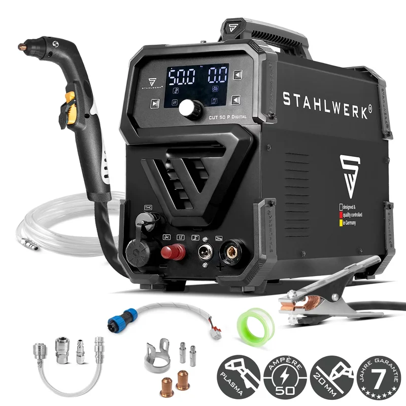 STAHLWERK Plasmaschneider CUT 50 P Digital | 50A Inverter-Plasmaschneider | Blowback-Zündung | Digitalanzeige | THC-Schnittstelle für CNC | Schneidleistung bis 20 mm | Plasma Cutter mit 2T/4T-Funktion