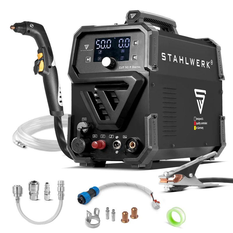 STAHLWERK Plasmaschneider CUT 50 P Digital | 50A Inverter-Plasmaschneider | Blowback-Zündung | Digitalanzeige | THC-Schnittstelle für CNC | Schneidleistung bis 20 mm | Plasma Cutter mit 2T/4T-Funktion