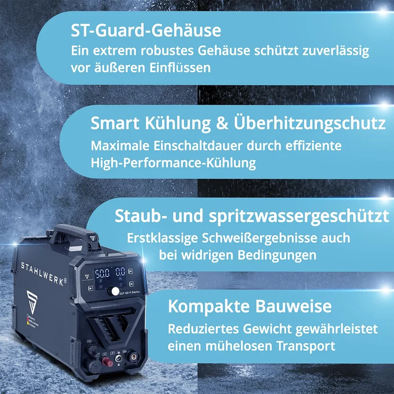 STAHLWERK Plasmaschneider CUT 50 P Digital | 50A Inverter-Plasmaschneider | Blowback-Zündung | Digitalanzeige | THC-Schnittstelle für CNC | Schneidleistung bis 20 mm | Plasma Cutter mit 2T/4T-Funktion