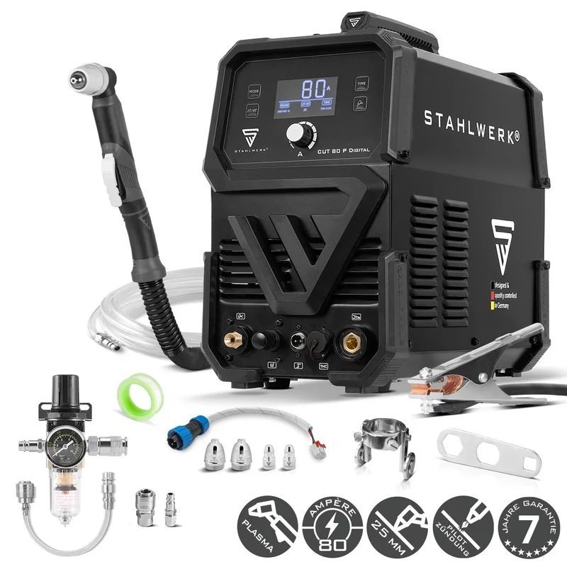 STAHLWERK Plasmaschneider CUT 80 P Digital | 80 A Inverter-Plasmaschneider | HF-Pilotzündung | Digitalanzeige | THC-Schnittstelle für CNC | Schneidleistung bis 25 mm | Plasma Cutter mit 2T/4T-Funktion