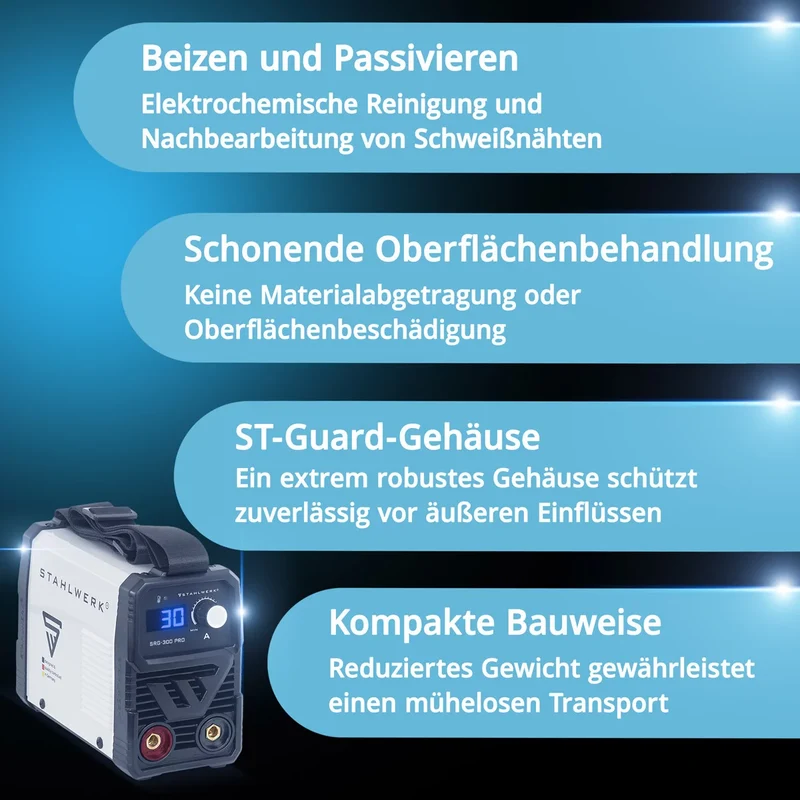 STAHLWERK SRG 300 Pro | Elektrochemisches Schweißnaht-Reinigungsgerät mit 10-30 A | Kompakt und leistungsstark | Elektrolyt -Schweißnaht-Beizgerät zu Passivierung und Schweißnahtveredelung