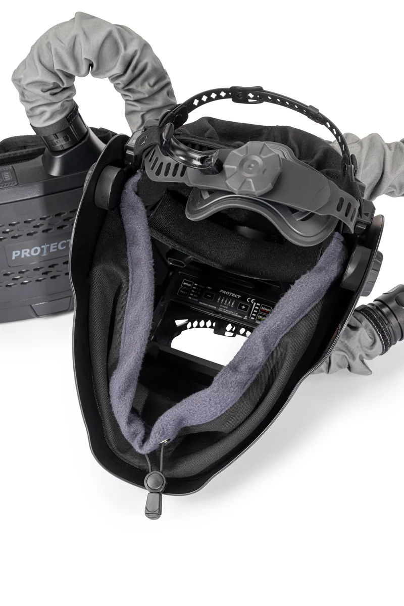 Laser-Schweisshelm MAXIMUS Trooper Air, Schweisshelm mit Frischluftzufuhr | PAPR-System, mit permanentem Laserschutz und zuschaltbarem, automatischem Blendschutz (ADF), ultraleicht