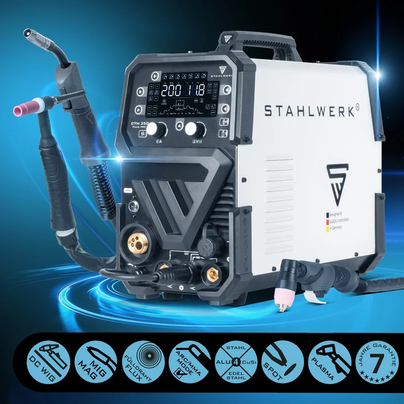 STAHLWERK Kombi-Schweißgerät CTM-250 Puls Pro 6-in-1 Schutzgas-Schweißgerät 200 A | Puls-Funktion | Synergischer Drahtvorschub | Integrierter 45 A Plasmaschneider CUT| WIG | MIG MAG | PULS | MMA| FLUX