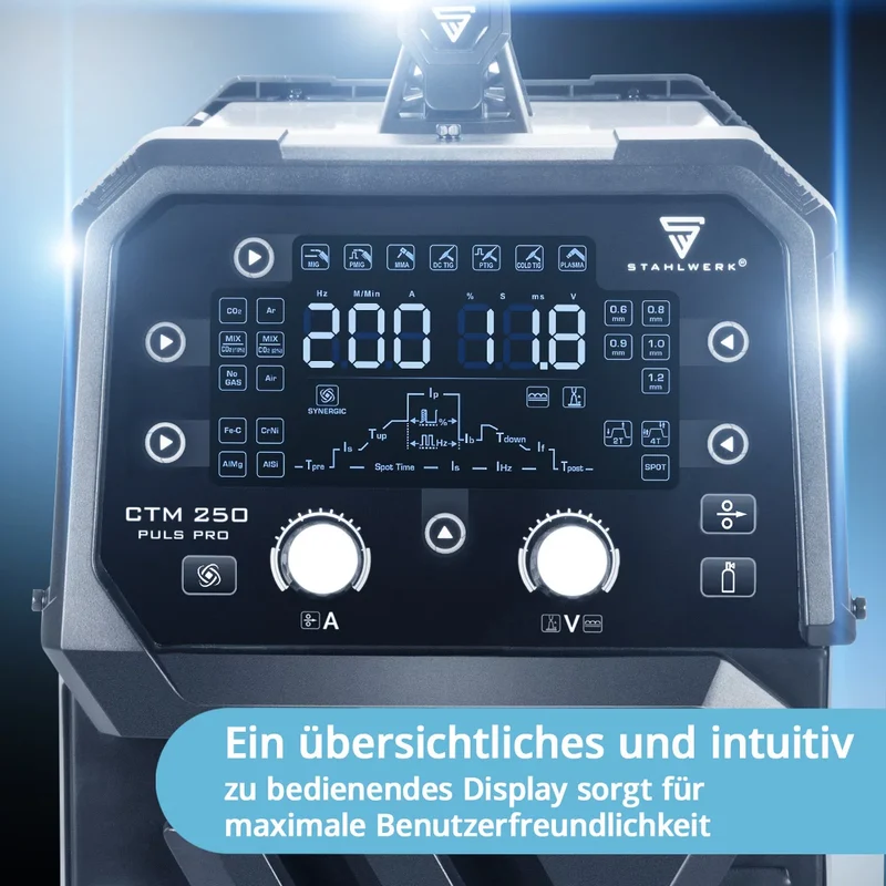 STAHLWERK Kombi-Schweißgerät CTM-250 Puls Pro 6-in-1 Schutzgas-Schweißgerät 200 A | Puls-Funktion | Synergischer Drahtvorschub | Integrierter 45 A Plasmaschneider CUT| WIG | MIG MAG | PULS | MMA| FLUX