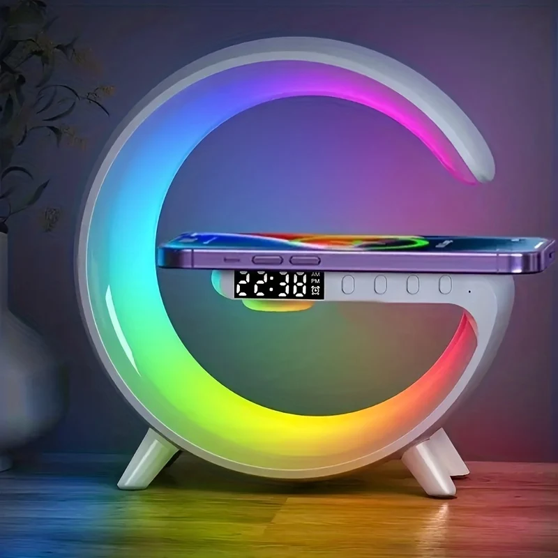 G63 Lampada Intelligente Altoparlanti Wireless Lampada Da Comodino Per Atmosfera Con Funzione Di Ricarica Wireless Per Smartphone, Luce Sveglia Ritmo Musicale Luce