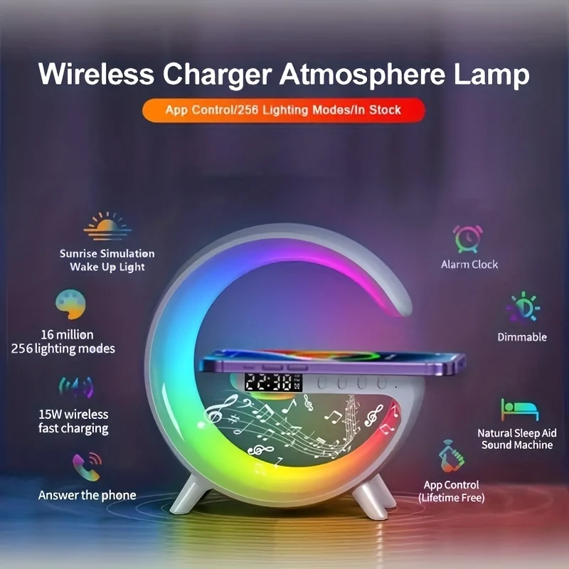 G63 Lampada Intelligente Altoparlanti Wireless Lampada Da Comodino Per Atmosfera Con Funzione Di Ricarica Wireless Per Smartphone, Luce Sveglia Ritmo Musicale Luce