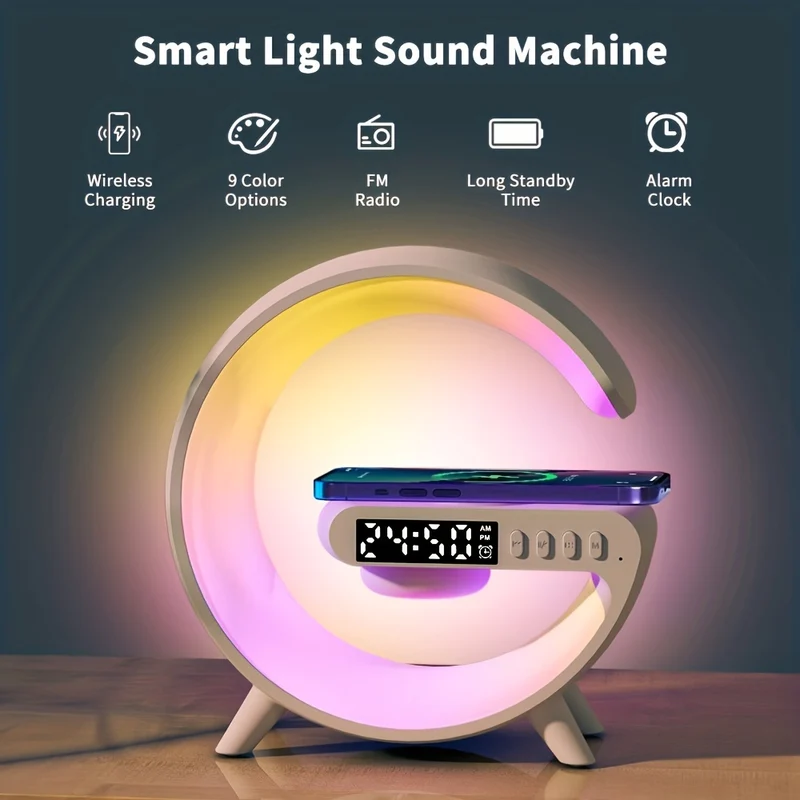 1 Striscia Luminosa A LED Rhythm RGB Con Altoparlante, Luce Ambiente Intelligente, Caricatore Wireless, Sveglia, Sincronizzazione Musicale, Luce Notturna A Cambiamento Di Colore, Lampada Da Comodino Dimmerabile Per Dormienti Pesanti
