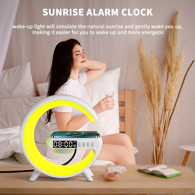 1 Striscia Luminosa A LED Rhythm RGB Con Altoparlante, Luce Ambiente Intelligente, Caricatore Wireless, Sveglia, Sincronizzazione Musicale, Luce Notturna A Cambiamento Di Colore, Lampada Da Comodino Dimmerabile Per Dormienti Pesanti