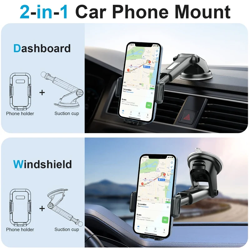 Supporto per telefono per auto, supporto per telefono con forte ventosa, supporto per telefono 2 in 1 cruscotto/parabrezza, vivavoce per tutti i telefoni cellulari
