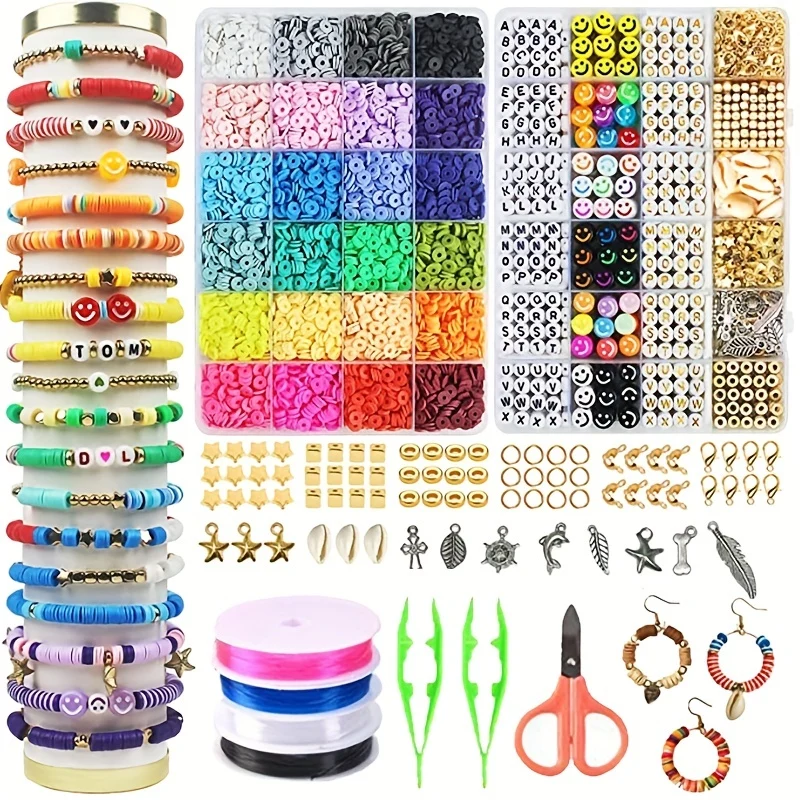 Kit per creazione di braccialetti con perline di argilla da 7200 pezzi, kit per creazione di gioielli con perline piatte in polimero dell'amicizia preppy con ciondoli e corde elastiche