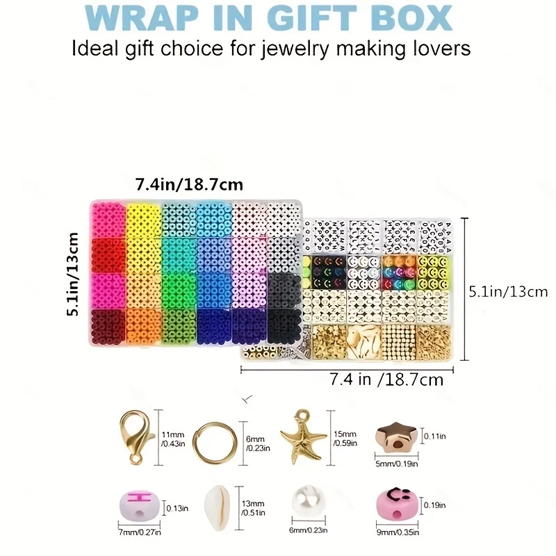 Kit per creazione di braccialetti con perline di argilla da 7200 pezzi, kit per creazione di gioielli con perline piatte in polimero dell'amicizia preppy con ciondoli e corde elastiche