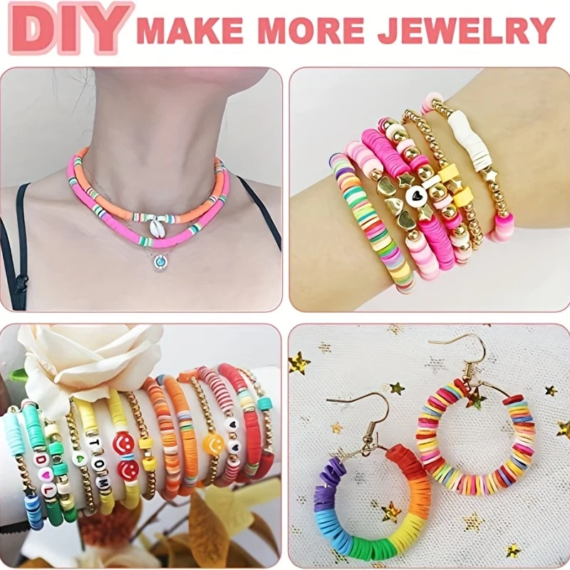 Kit per creazione di braccialetti con perline di argilla da 7200 pezzi, kit per creazione di gioielli con perline piatte in polimero dell'amicizia preppy con ciondoli e corde elastiche