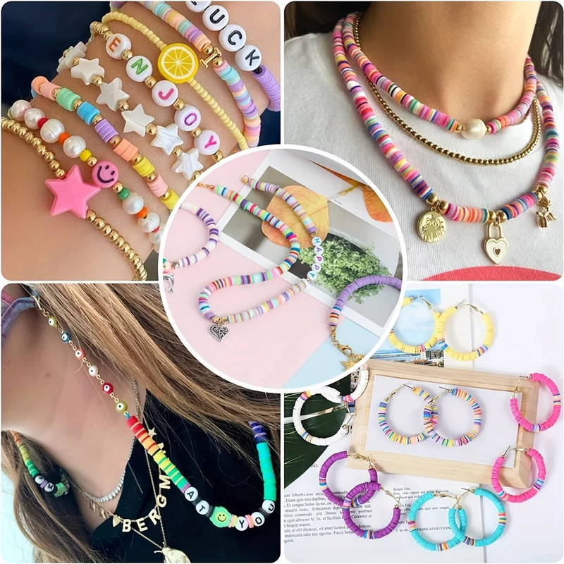 Kit per creazione di braccialetti con perline di argilla da 7200 pezzi, kit per creazione di gioielli con perline piatte in polimero dell'amicizia preppy con ciondoli e corde elastiche