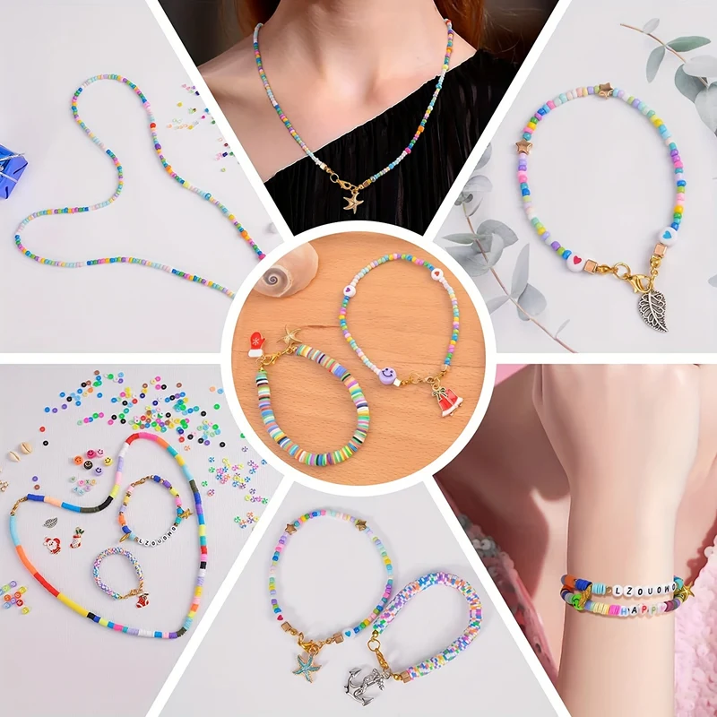 Kit per creazione di braccialetti con perline di argilla da 7200 pezzi, kit per creazione di gioielli con perline piatte in polimero dell'amicizia preppy con ciondoli e corde elastiche