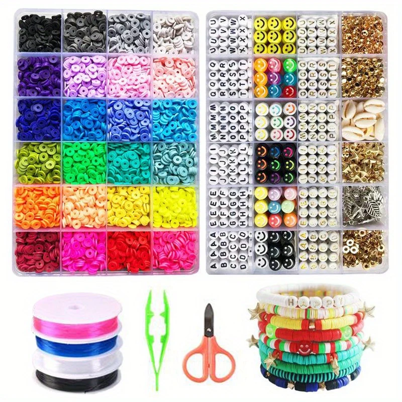 Kit per creazione di braccialetti con perline di argilla da 7200 pezzi, kit per creazione di gioielli con perline piatte in polimero dell'amicizia preppy con ciondoli e corde elastiche