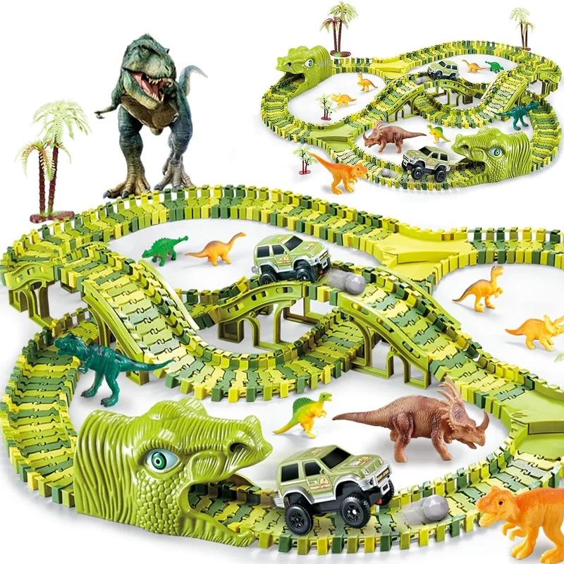 Pista per auto da corsa con giocattoli di dinosauro, Crea una corsa su strada nel mondo dei dinosauri, Set di giocattoli flessibili per pista di dinosauro 120/240 pezzi Regali di compleanno di Natale