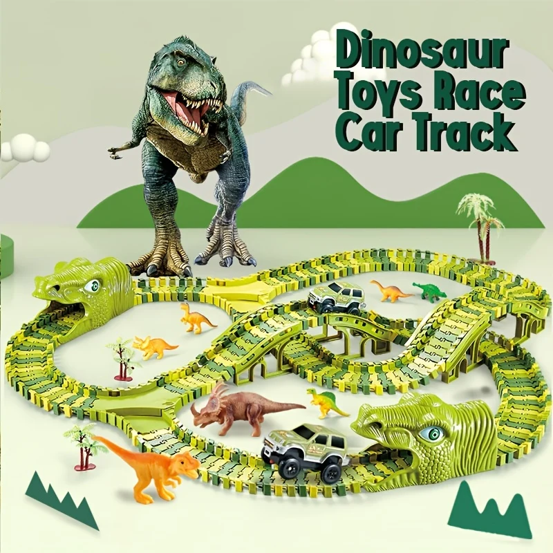 Pista per auto da corsa con giocattoli di dinosauro, Crea una corsa su strada nel mondo dei dinosauri, Set di giocattoli flessibili per pista di dinosauro 120/240 pezzi Regali di compleanno di Natale