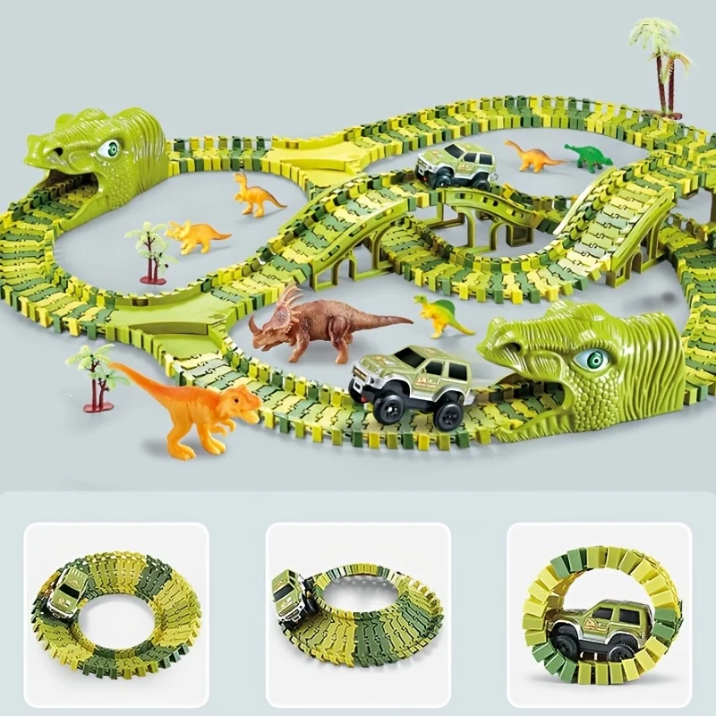 Pista per auto da corsa con giocattoli di dinosauro, Crea una corsa su strada nel mondo dei dinosauri, Set di giocattoli flessibili per pista di dinosauro 120/240 pezzi Regali di compleanno di Natale