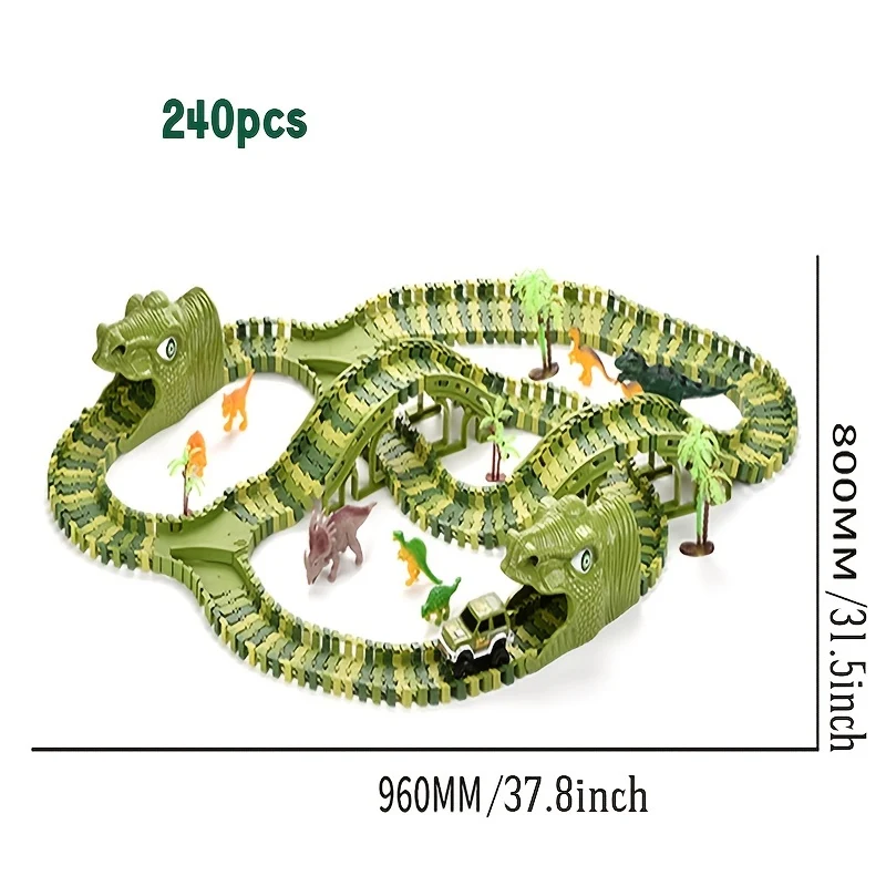 Pista per auto da corsa con giocattoli di dinosauro, Crea una corsa su strada nel mondo dei dinosauri, Set di giocattoli flessibili per pista di dinosauro 120/240 pezzi Regali di compleanno di Natale