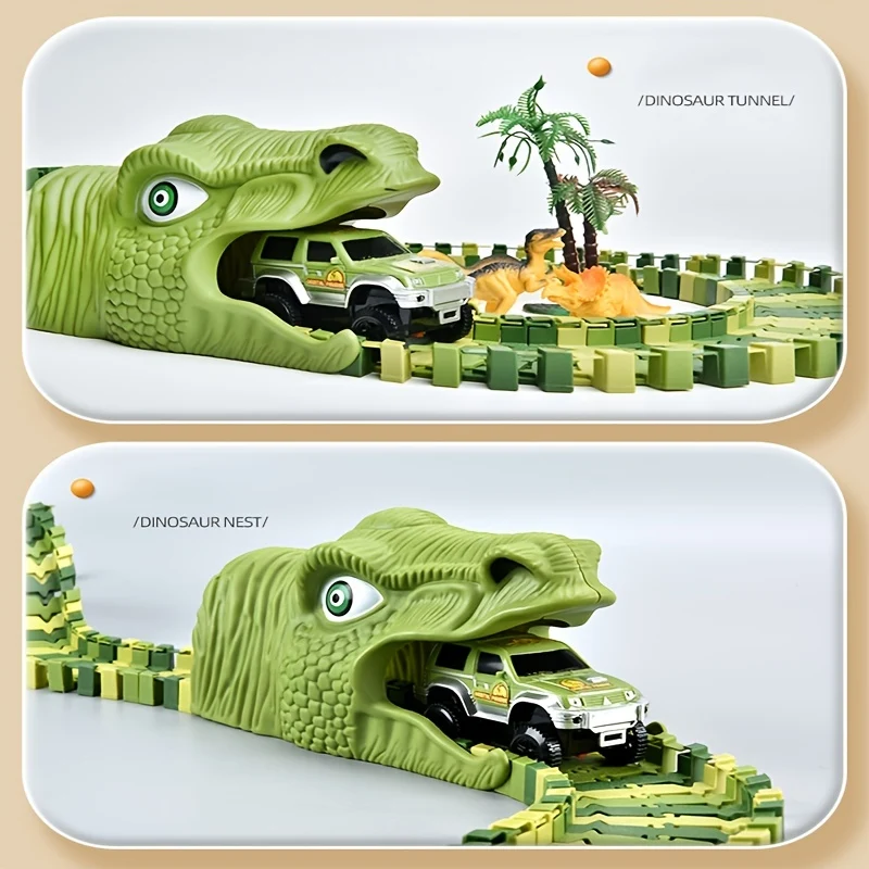 Pista per auto da corsa con giocattoli di dinosauro, Crea una corsa su strada nel mondo dei dinosauri, Set di giocattoli flessibili per pista di dinosauro 120/240 pezzi Regali di compleanno di Natale