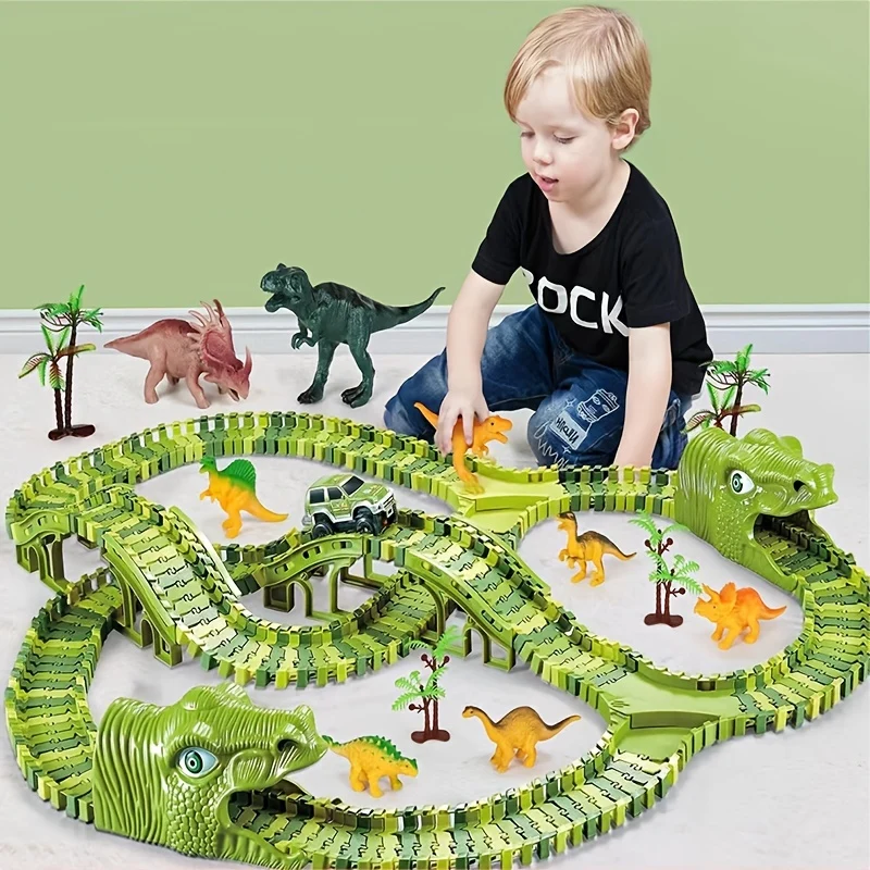 Pista per auto da corsa con giocattoli di dinosauro, Crea una corsa su strada nel mondo dei dinosauri, Set di giocattoli flessibili per pista di dinosauro 120/240 pezzi Regali di compleanno di Natale