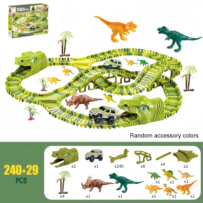 Pista per auto da corsa con giocattoli di dinosauro, Crea una corsa su strada nel mondo dei dinosauri, Set di giocattoli flessibili per pista di dinosauro 120/240 pezzi Regali di compleanno di Natale