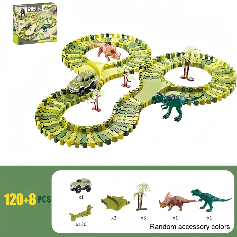 Pista per auto da corsa con giocattoli di dinosauro, Crea una corsa su strada nel mondo dei dinosauri, Set di giocattoli flessibili per pista di dinosauro 120/240 pezzi Regali di compleanno di Natale