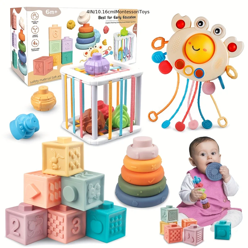 4 In 1 Giocattoli Per Bambini 6 A 12-18 Mesi, Giocattoli Per La Dentizione Del Bambino A Corda, Giocattoli Per L'infanzia A Blocchi Di Costruzione Impilabili 3-6-9-12 M +, Giocattoli Sensoriali Per La Forma Di Ordinamento, Giocattoli Montessori
