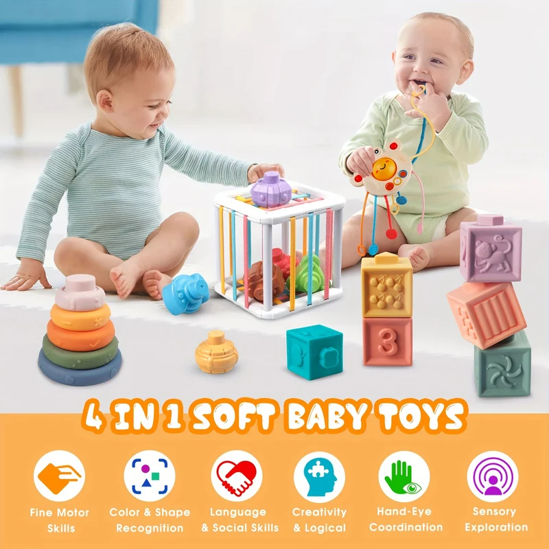 4 In 1 Giocattoli Per Bambini 6 A 12-18 Mesi, Giocattoli Per La Dentizione Del Bambino A Corda, Giocattoli Per L'infanzia A Blocchi Di Costruzione Impilabili 3-6-9-12 M +, Giocattoli Sensoriali Per La Forma Di Ordinamento, Giocattoli Montessori