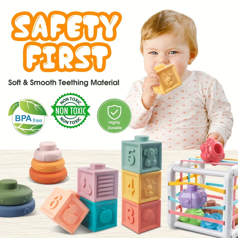 4 In 1 Giocattoli Per Bambini 6 A 12-18 Mesi, Giocattoli Per La Dentizione Del Bambino A Corda, Giocattoli Per L'infanzia A Blocchi Di Costruzione Impilabili 3-6-9-12 M +, Giocattoli Sensoriali Per La Forma Di Ordinamento, Giocattoli Montessori