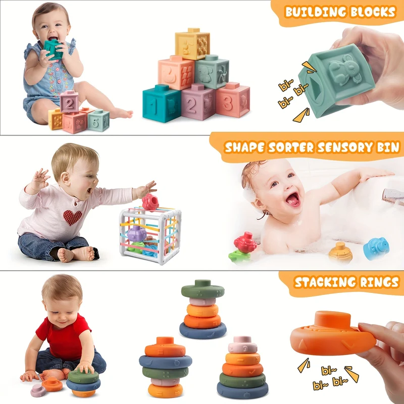 4 In 1 Giocattoli Per Bambini 6 A 12-18 Mesi, Giocattoli Per La Dentizione Del Bambino A Corda, Giocattoli Per L'infanzia A Blocchi Di Costruzione Impilabili 3-6-9-12 M +, Giocattoli Sensoriali Per La Forma Di Ordinamento, Giocattoli Montessori