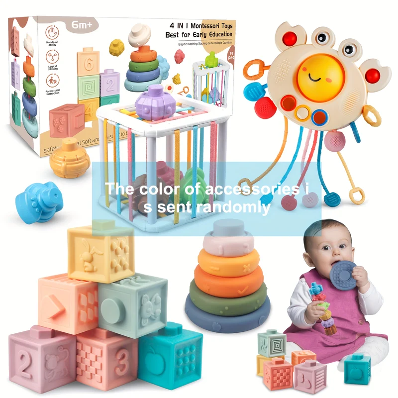 4 In 1 Giocattoli Per Bambini 6 A 12-18 Mesi, Giocattoli Per La Dentizione Del Bambino A Corda, Giocattoli Per L'infanzia A Blocchi Di Costruzione Impilabili 3-6-9-12 M +, Giocattoli Sensoriali Per La Forma Di Ordinamento, Giocattoli Montessori