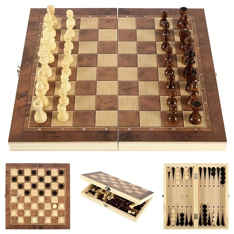Set di scacchi in legno massello di alta qualità - Gioco da tavolo pieghevole 3 in 1 per divertenti puzzle che risolvono Halloween/Giorno del Ringraziamento/Regalo di Natale