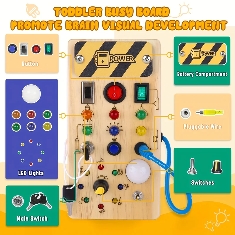 Tavola da gioco Montessori per bambini con 8 interruttori luminosi a LED, giocattolo sensoriale, giocattolo con interruttore luminoso, giocattolo da viaggio per neonati e bambini di età superiore a 1 anno