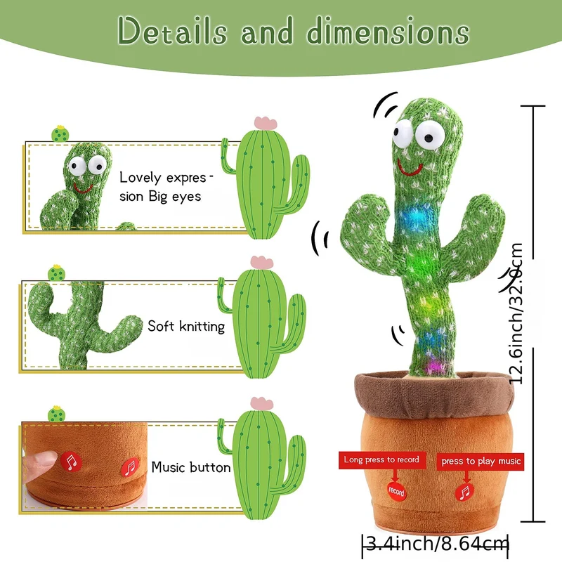 Cactus danzante per bambini, giocattoli parlanti a forma di cactus, cactus cantante, ripete ciò che dici, giocattoli per bambini, cactus peluche parlante elettrico, giocattolo con registratore di voce di 15 secondi per bambini