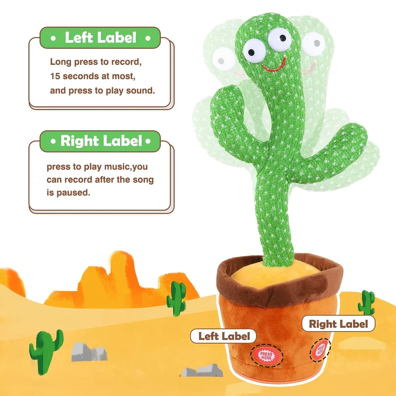 Cactus danzante per bambini, giocattoli parlanti a forma di cactus, cactus cantante, ripete ciò che dici, giocattoli per bambini, cactus peluche parlante elettrico, giocattolo con registratore di voce di 15 secondi per bambini