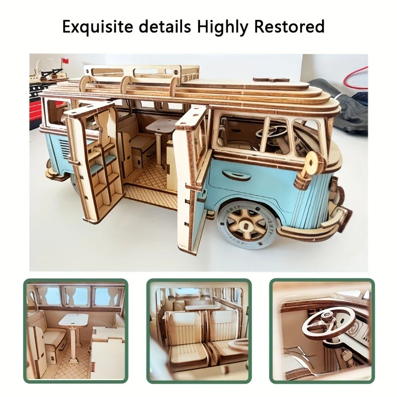 Puzzle In Legno Blu Da Campeggio, Modello Di Auto In Legno, Giocattoli Tridimensionali Assemblati In 3D, Giocattoli Educativi, Serie Di Auto