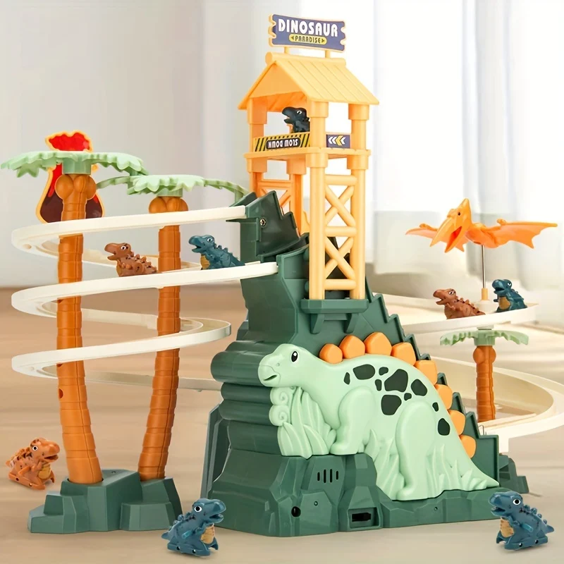 Dinosauri Arrampicata Scivolo Illuminano Musica Scale Giocattolo Con Cinque Auto Da Corsa In Lega Di Dinosauro, Regalo Di Halloween E Natale Per Ragazzi E Ragazze