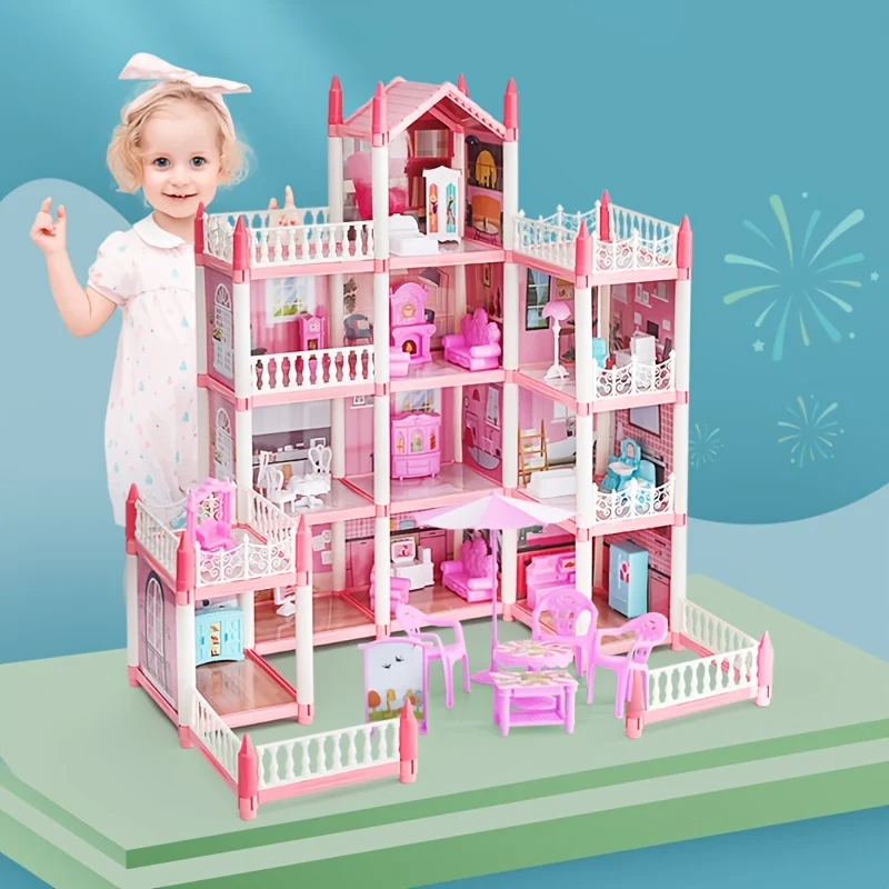 Set per casa delle bambole rosa da 11 stanze con accessori per mobili fai-da-te - Regalo di compleanno perfetto per ragazze dai 5 ai 9 anni! , Halloween/Giorno del Ringraziamento/regalo di Natale