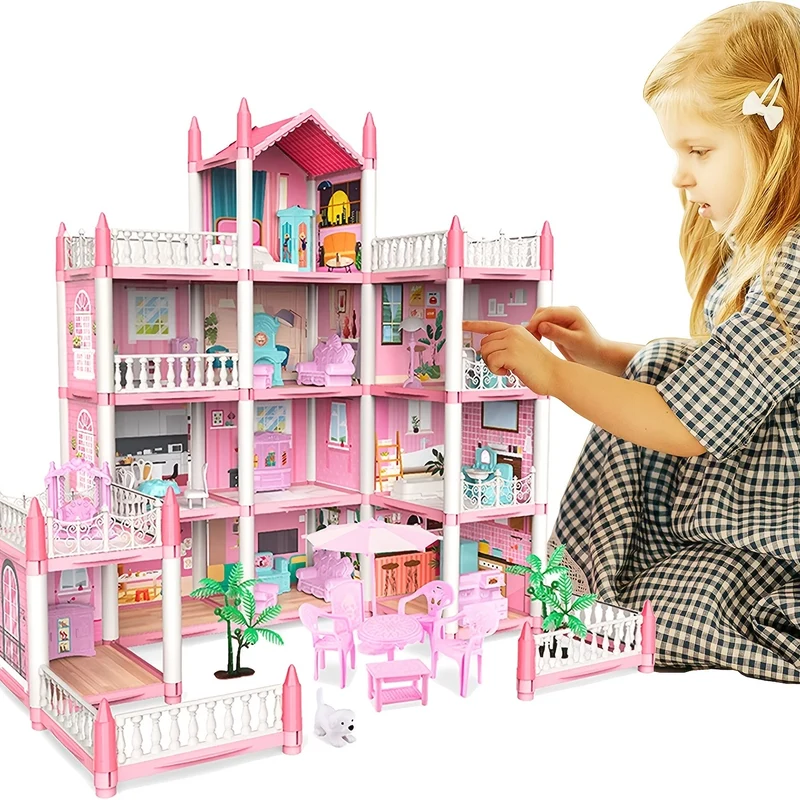 Set per casa delle bambole rosa da 11 stanze con accessori per mobili fai-da-te - Regalo di compleanno perfetto per ragazze dai 5 ai 9 anni! , Halloween/Giorno del Ringraziamento/regalo di Natale