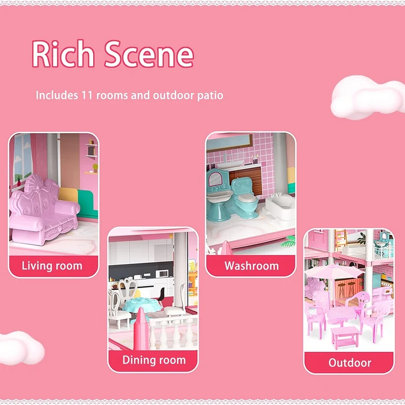 Set per casa delle bambole rosa da 11 stanze con accessori per mobili fai-da-te - Regalo di compleanno perfetto per ragazze dai 5 ai 9 anni! , Halloween/Giorno del Ringraziamento/regalo di Natale