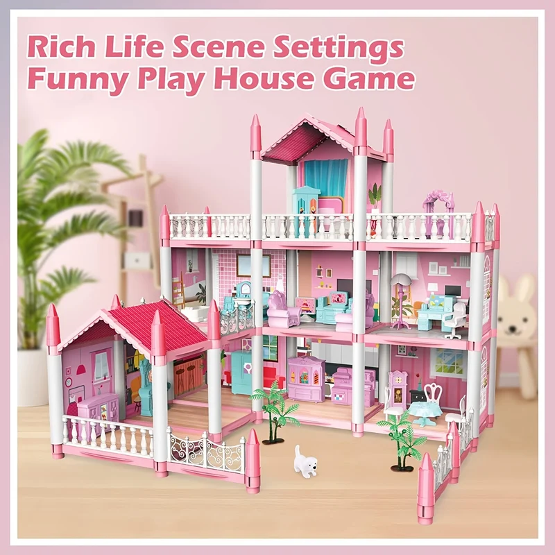 Casa delle bambole per bambini, 3 piani, 9 stanze, rosa, giochi di finzione fai-da-te per costruire set di giocattoli assemblati, accessori e mobili per la casa dei giocattoli, regali di compleanno, Halloween/Giorno del Ringraziamento/Regalo di Natale