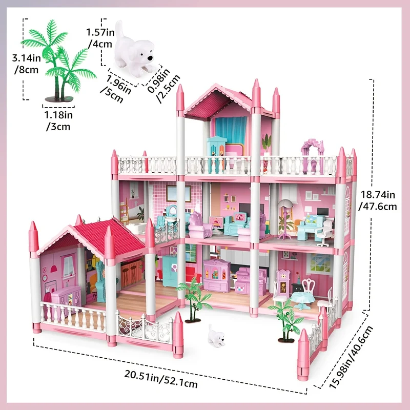 Casa delle bambole per bambini, 3 piani, 9 stanze, rosa, giochi di finzione fai-da-te per costruire set di giocattoli assemblati, accessori e mobili per la casa dei giocattoli, regali di compleanno, Halloween/Giorno del Ringraziamento/Regalo di Natale
