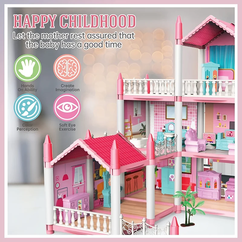 Casa delle bambole per bambini, 3 piani, 9 stanze, rosa, giochi di finzione fai-da-te per costruire set di giocattoli assemblati, accessori e mobili per la casa dei giocattoli, regali di compleanno, Halloween/Giorno del Ringraziamento/Regalo di Natale