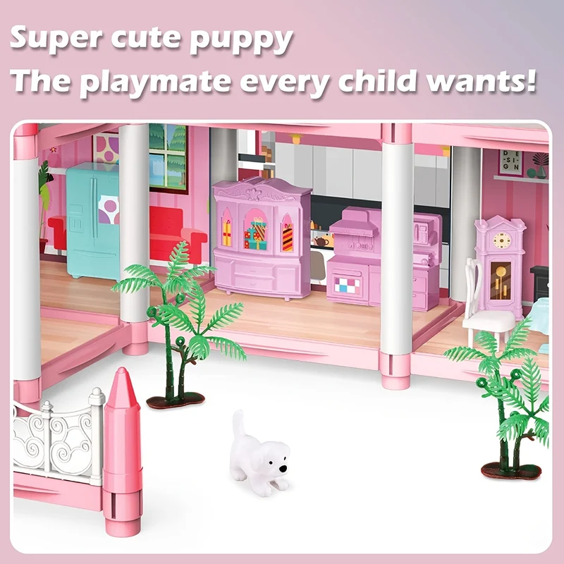 Casa delle bambole per bambini, 3 piani, 9 stanze, rosa, giochi di finzione fai-da-te per costruire set di giocattoli assemblati, accessori e mobili per la casa dei giocattoli, regali di compleanno, Halloween/Giorno del Ringraziamento/Regalo di Natale