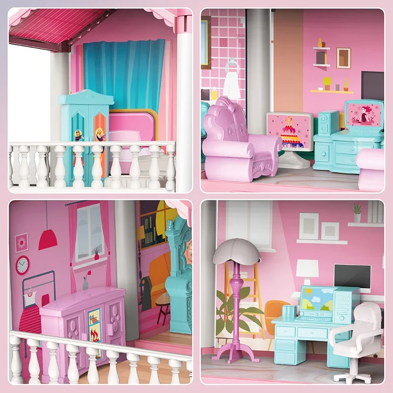 Casa delle bambole per bambini, 3 piani, 9 stanze, rosa, giochi di finzione fai-da-te per costruire set di giocattoli assemblati, accessori e mobili per la casa dei giocattoli, regali di compleanno, Halloween/Giorno del Ringraziamento/Regalo di Natale